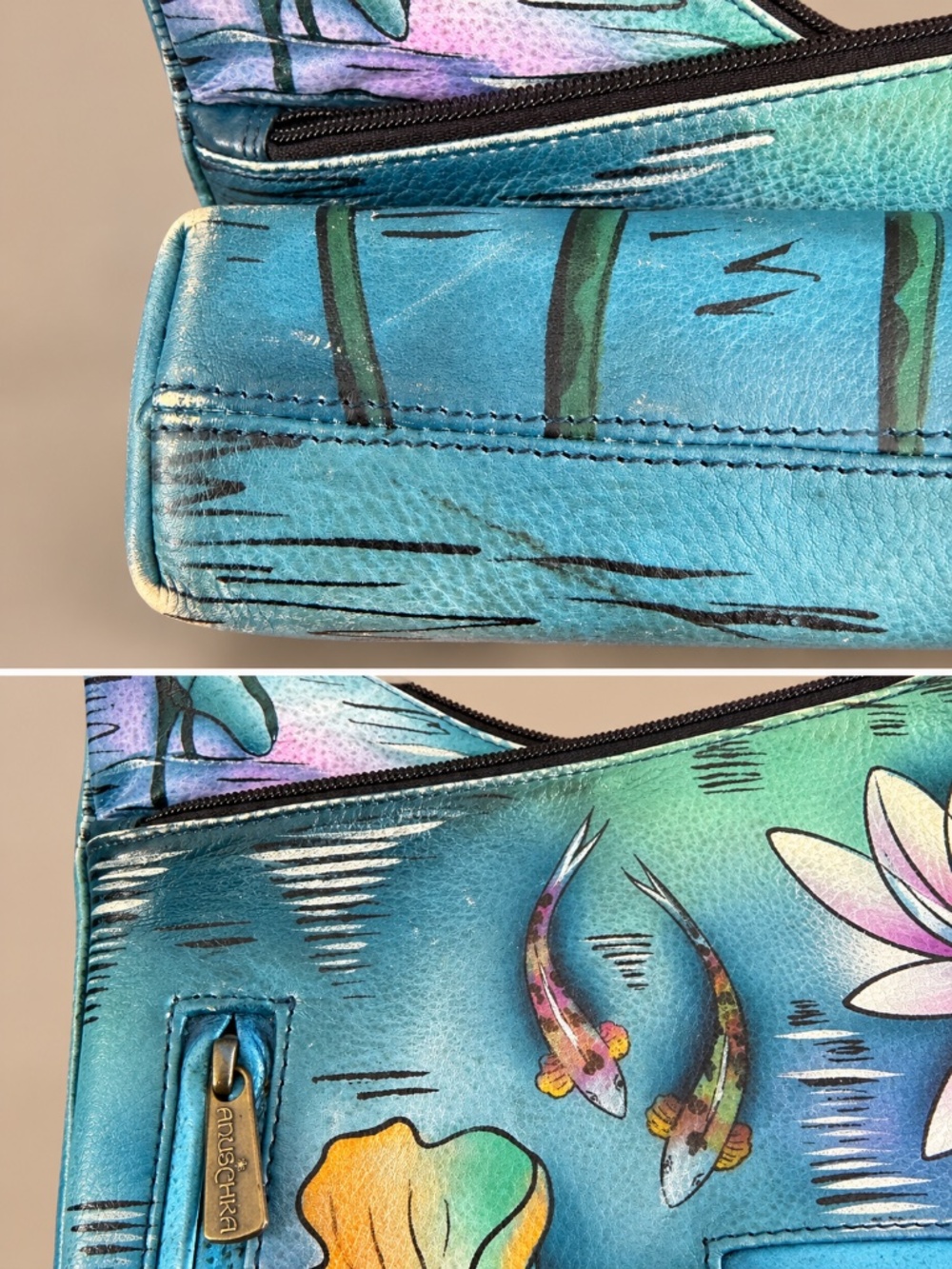 Anuschka Hand Painted Leather Koi Fish Lotus Hobo Shoulder Bag - Picture 8 of 9